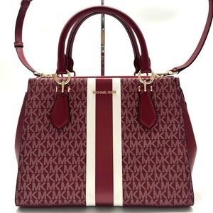 Michael Kors Marilyn Medium Signature Logo Stripe Satchel Bag Cherry